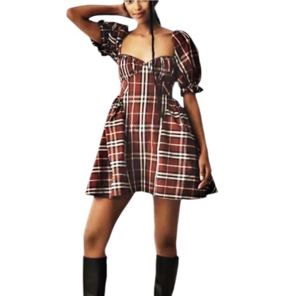 New Anthropologie Maeve Maroon Plaid Tartan Holiday Winter Mini Dress XL basque - Picture 2 of 3